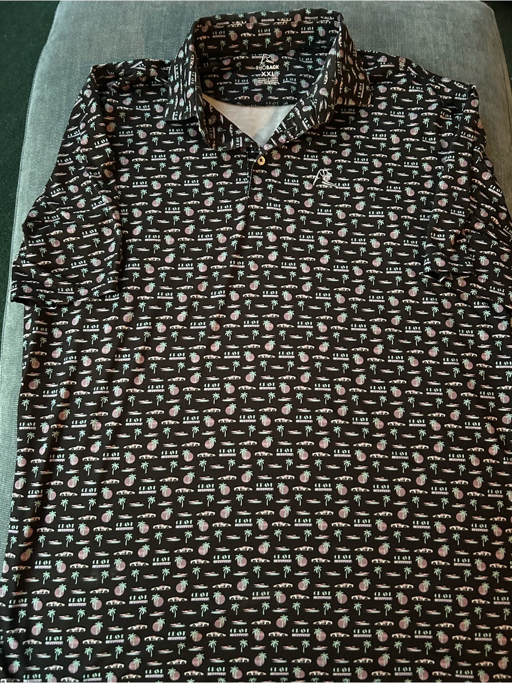 Rhoback Black Polo with Pink & Mint Green Beach Vibe Print